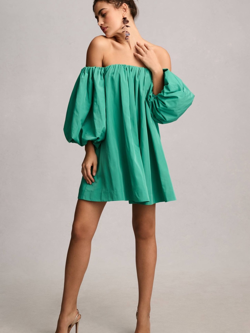 Anthropologie Off-Shoulder Green Puff-Sleeve Mini Dress